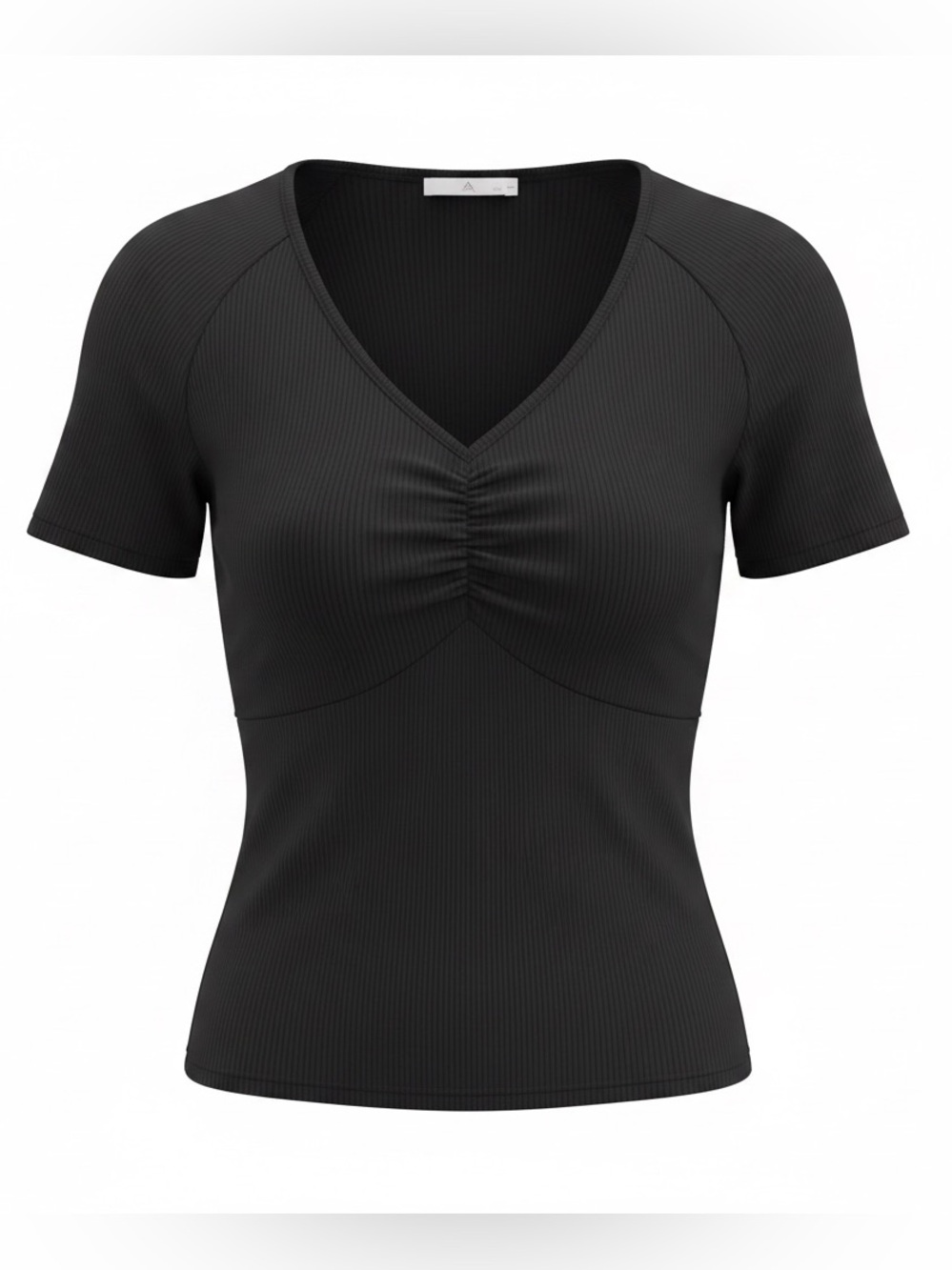 Black Ribbed V-Neck Short Sleeve Ruched Top